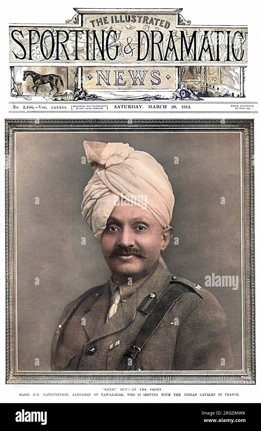 Ranjitsinhji Vibhaji (1872 - 1933), prince indien et joueur de cricket test qui a joué pour l'équipe anglaise de cricket du Sussex. Photographié sur la couverture de l'Illustrated Sporting & Dramatic News en uniforme de la cavalerie indienne avec qui il servait en France pendant la première Guerre mondiale. Le magazine utilise un jeu sur les termes de cricket avec leur légende de 'Ranji' out! - Au Front. Banque D'Images
