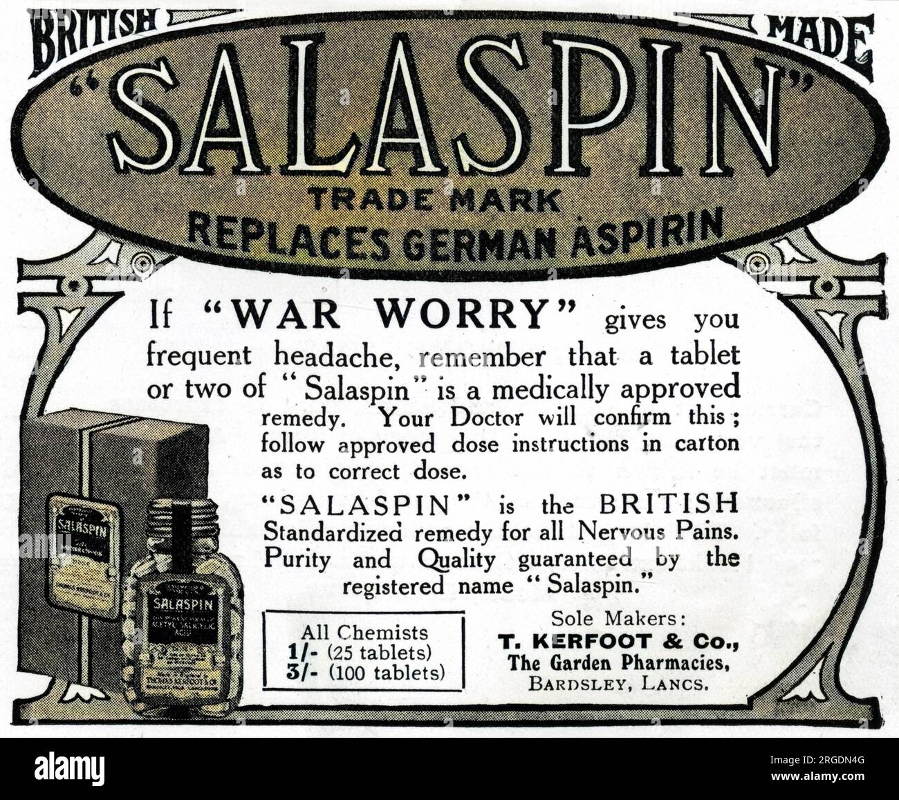 Publicité pour Salaspin, un remède contre les maux de tête fabriqué par les Britanniques, avec un ou deux comprimés capables de soulager les maux de tête provoqués par «l'inquiétude de guerre». La publicité indique très clairement qu'elle remplace l'aspirine allemande. Banque D'Images