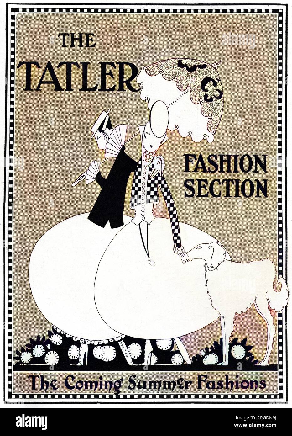Frontispice de la section mode, passant en revue les modes de l'été 1915 à venir dans le magazine Tatler et mettant en vedette deux dames élégamment habillées posées avec un chien borzoi. Banque D'Images