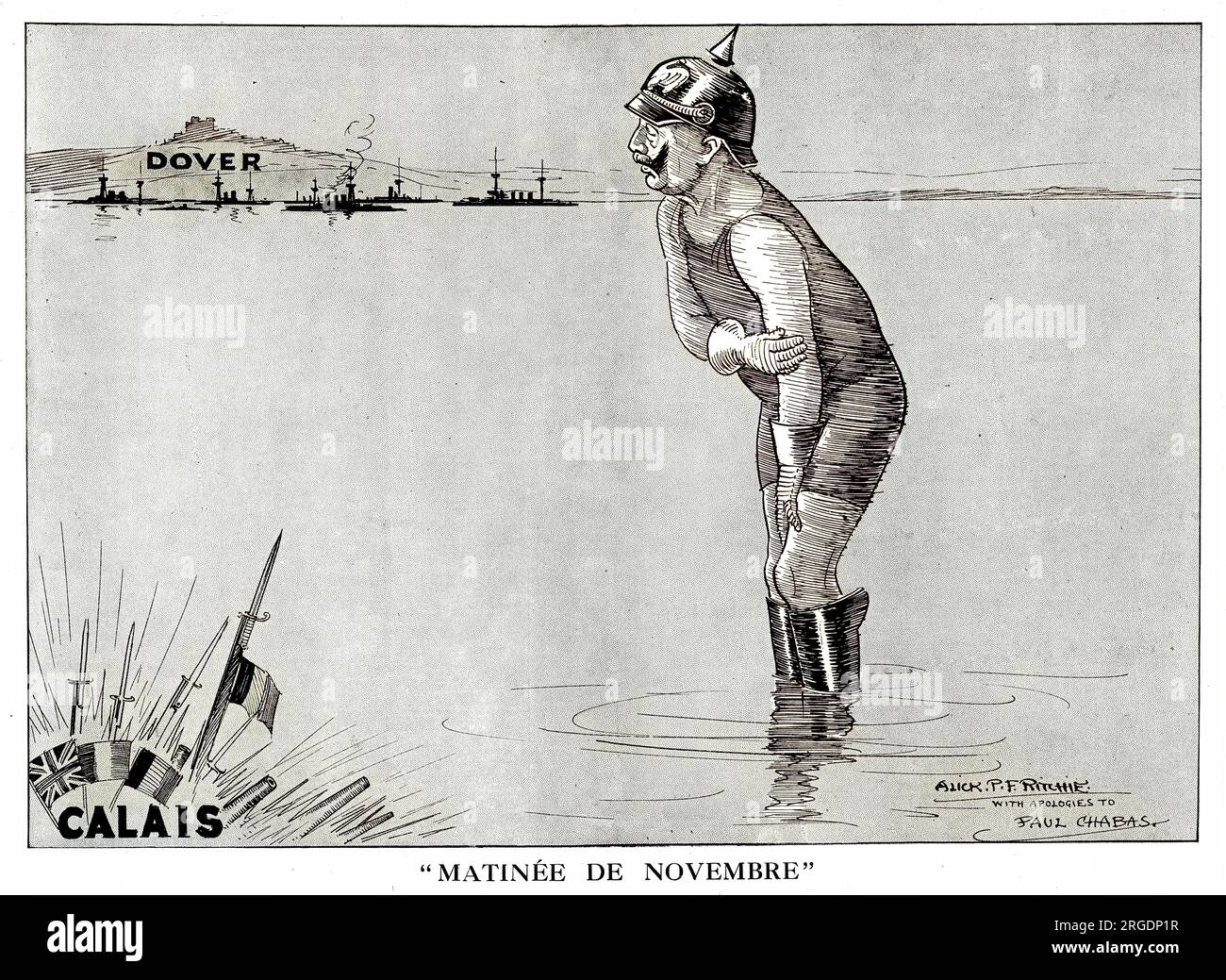 Dessin animé, matinée de novembre, montrant le Kaiser Wilhelm frissonnant dans la mer à Calais, avec Douvres gardé par des cuirassés au loin pendant la première Guerre mondiale. Une parodie du tableau de Paul Chabas, matinée de septembre. Banque D'Images