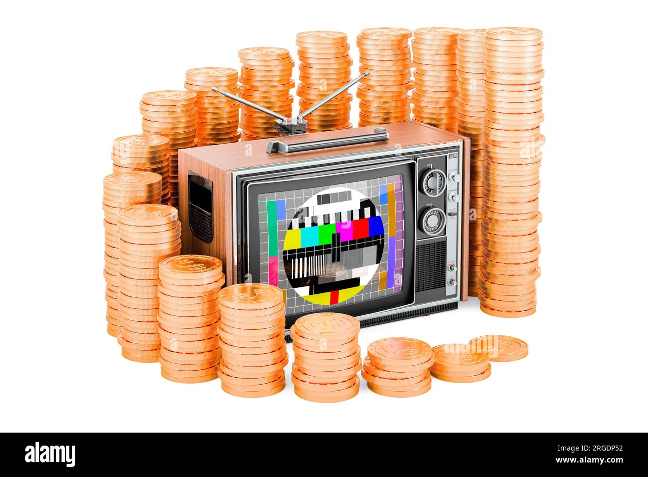 Téléviseur avec graphique croissant de pièces d'or autour, rendu 3D isolé sur fond blanc Banque D'Images Téléviseur avec graphique croissant de pièces d'or autour, rendu 3D isolé sur fond blanc Banque D'Images