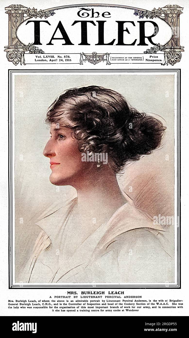 Couverture du magazine Tatler présentant un portrait de Mme Burleigh Leach, épouse du brigadier-général Burleigh Leach et contrôleur de l'inspection et chef de la section de cuisine du corps auxiliaire de l'armée féminine (W.A.A.C). Dans le cadre de ses fonctions, elle a été responsable de l'ouverture d'un centre de formation pour les cuisiniers de l'armée à Wendover. Banque D'Images