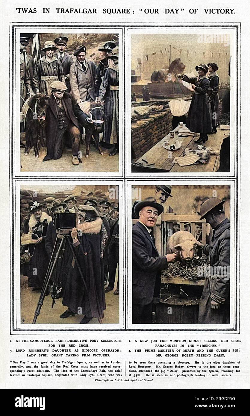 Quatre photographies retraçant des activités à Londres lors de « Our Day », un événement organisé pour collecter des fonds pour la Croix-Rouge. À Trafalgar Square, comme sur la photo, il y avait une foire de camouflage où un petit collectionneur de poneys montrait des spécimens, des filles de munitions vendaient des parachutes de la Croix-Rouge dans des tranchées fidèlement recréées, Lady Sybil Grant (fille de Lord Rosebery) j'ai essayé un bioscope et George Robey a vendu aux enchères un cochon appelé Daisy qui avait été donné par les propriétaires de Wandsworth, bien que le Sketch rapporte qu'il a été donné par la reine?! Banque D'Images