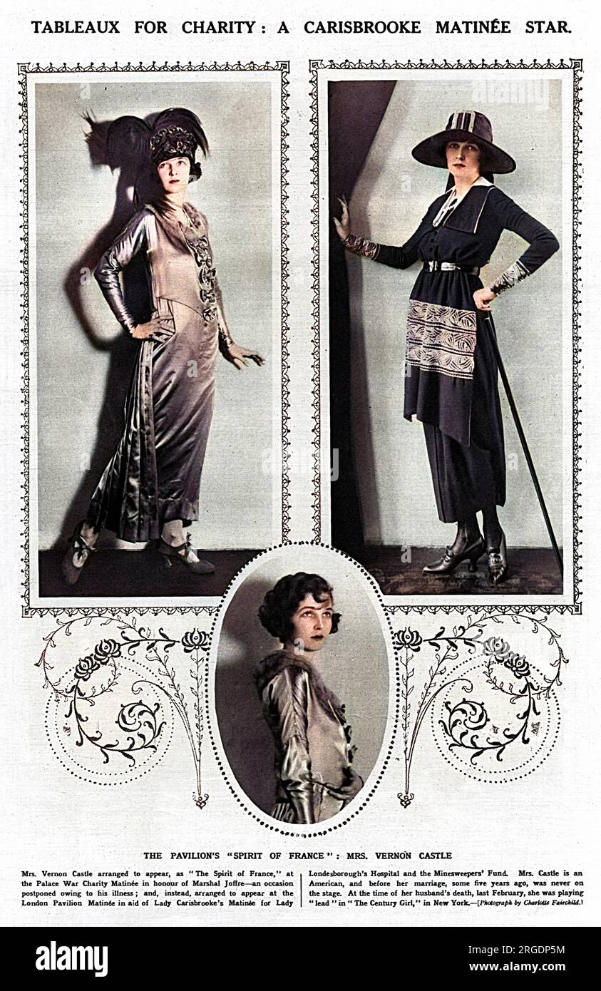 IRENE CASTLE (née FOOTE) Dancer, qui, avec son mari Vernon Castle, étaient connus comme 'les amoureux de la danse de l'Amérique'. La paire a été incroyablement réussie et leurs gains ont été élevés. Vernon a été tué dans un accident de vol en 1918. En tant que leader de la mode, elle est représentée ici dans une paire de tenues très élégantes. Photographiée à l'époque, elle devait apparaître comme « la spirt de France » au Palace Theatre dans un salon de collecte de fonds auquel assistait le général Joffre. En raison du retard du matinée dû à sa maladie, elle a plutôt comparu au Pavillon de Londres, le matin, en aide au matin de Lady Carisbrooke Banque D'Images