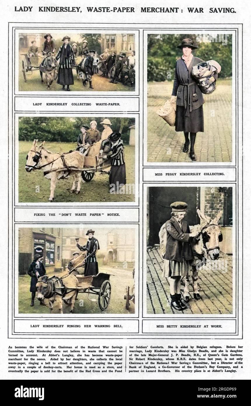 Lady Kindersley, anciennement Miss Gladys Beadle, photographiée près de sa maison à Abbot's Langley, Hertfordshire, ramassant des déchets de papier avec l'aide de ses enfants et de deux charrettes à ânes. En tant qu'épouse du président du Comité national des économies de guerre, Lady Kindersley « ne croit pas aux déchets qui ne peuvent être rendus pour compte ». Dans ce cas, ses collections ont été vendues au profit de la Croix-Rouge et du Fonds pour le confort des soldats. Banque D'Images