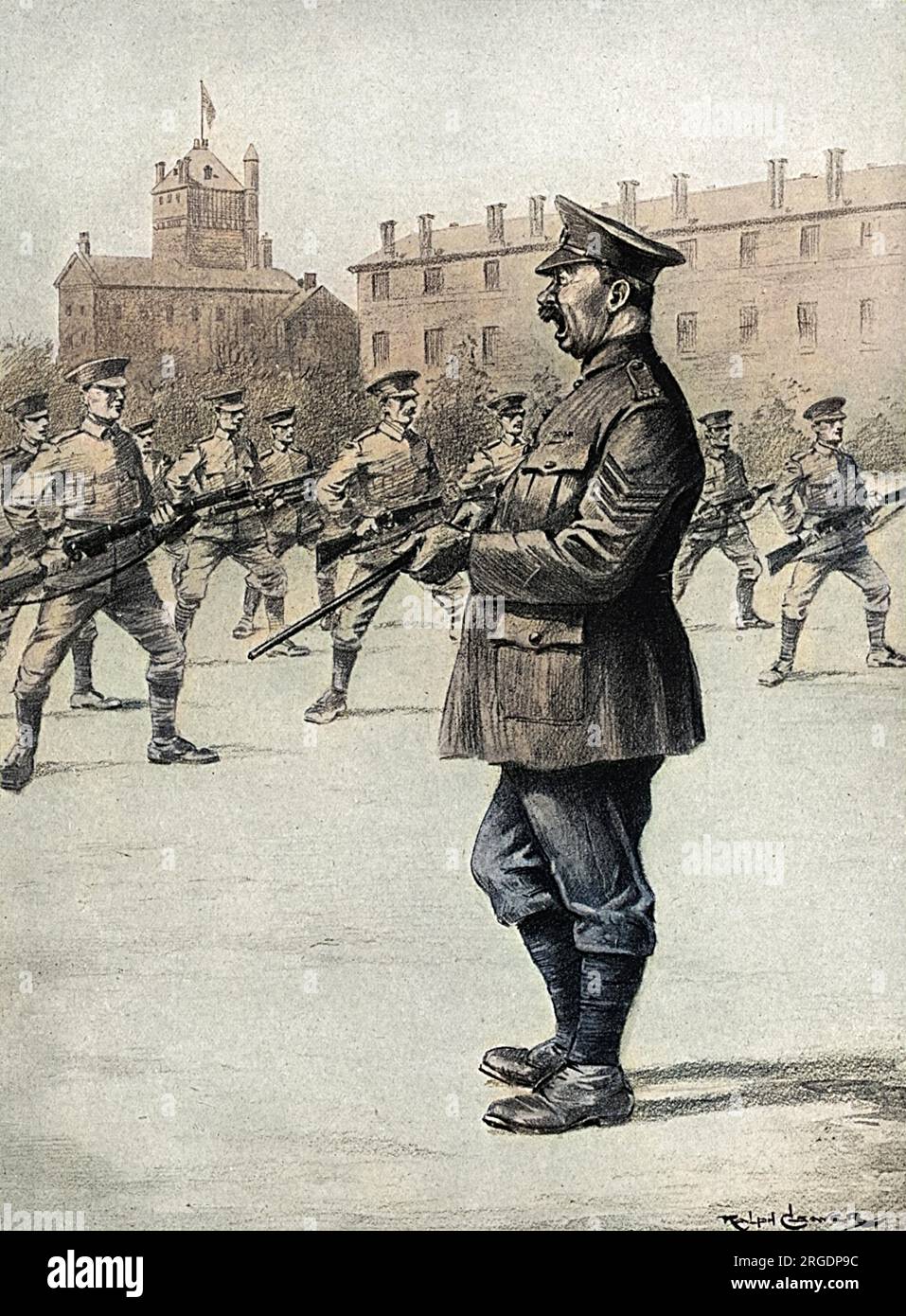 Une illustration montrant un sergent enseignant à ses soldats comment poignarder quelqu'un avec une baïonnette pour maximiser l'effet du coup de couteau en tordant la baïonnette, en préparation pour combattre dans la première Guerre mondiale. Banque D'Images
