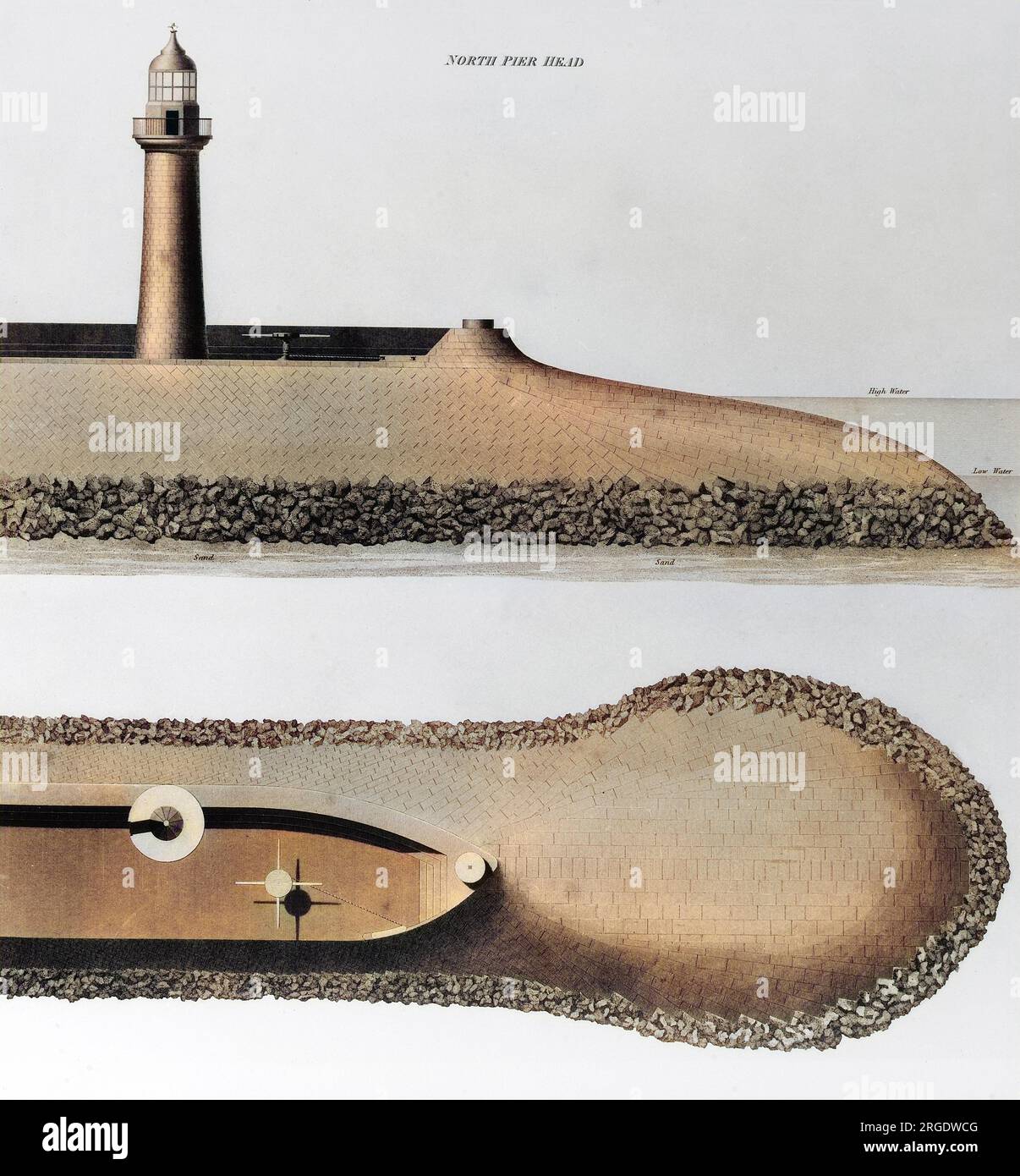 Plan et élévation du phare de North Pier Head d'Aberdeen Harbour. Banque D'Images