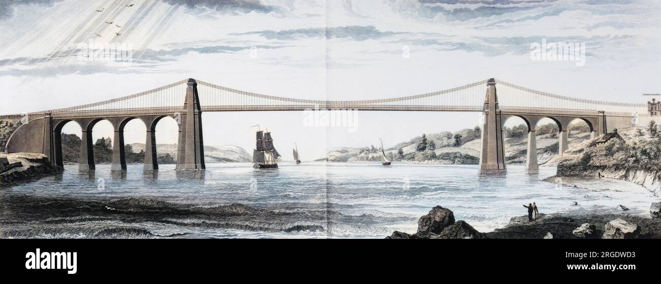 Une illustration montrant l'intégralité du magnifique pont suspendu de Menai qui relie l'île d'Anglesey au pays de Galles. Banque D'Images