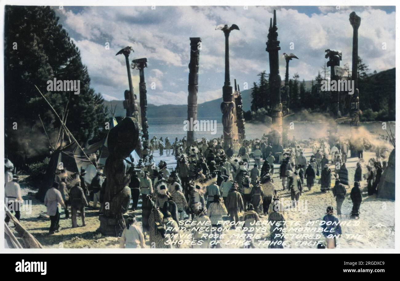 Scène du film Rose Marie, avec Jeanette MacDonald et Nelson Eddy, tourné sur les rives du lac Tahoe, Californie, États-Unis. Banque D'Images
