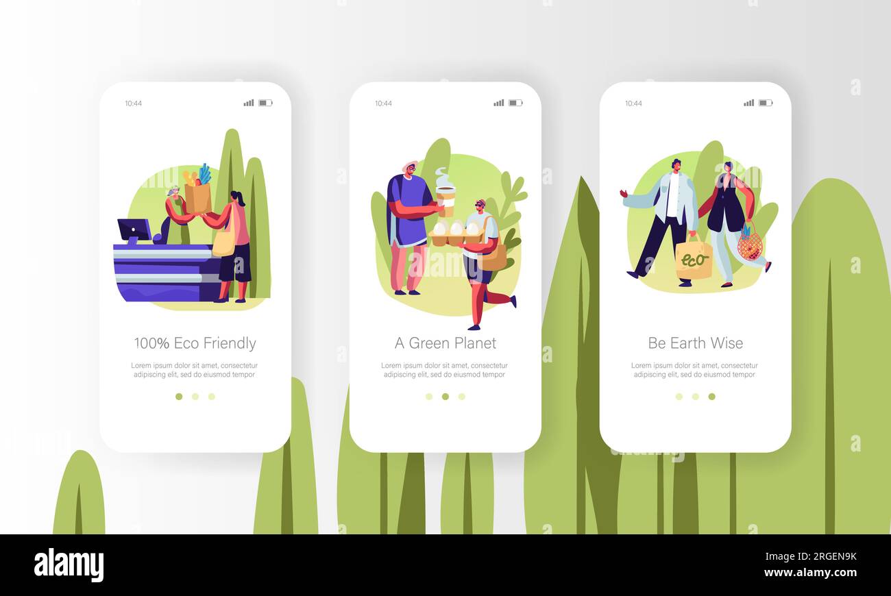ECO Packing Mobile App page concept d'ensemble d'écran à bord pour site Web  ou page Web, personnes debout dans la file d'attente avec emballage  réutilisable dans les mains, personnages vis Image Vectorielle