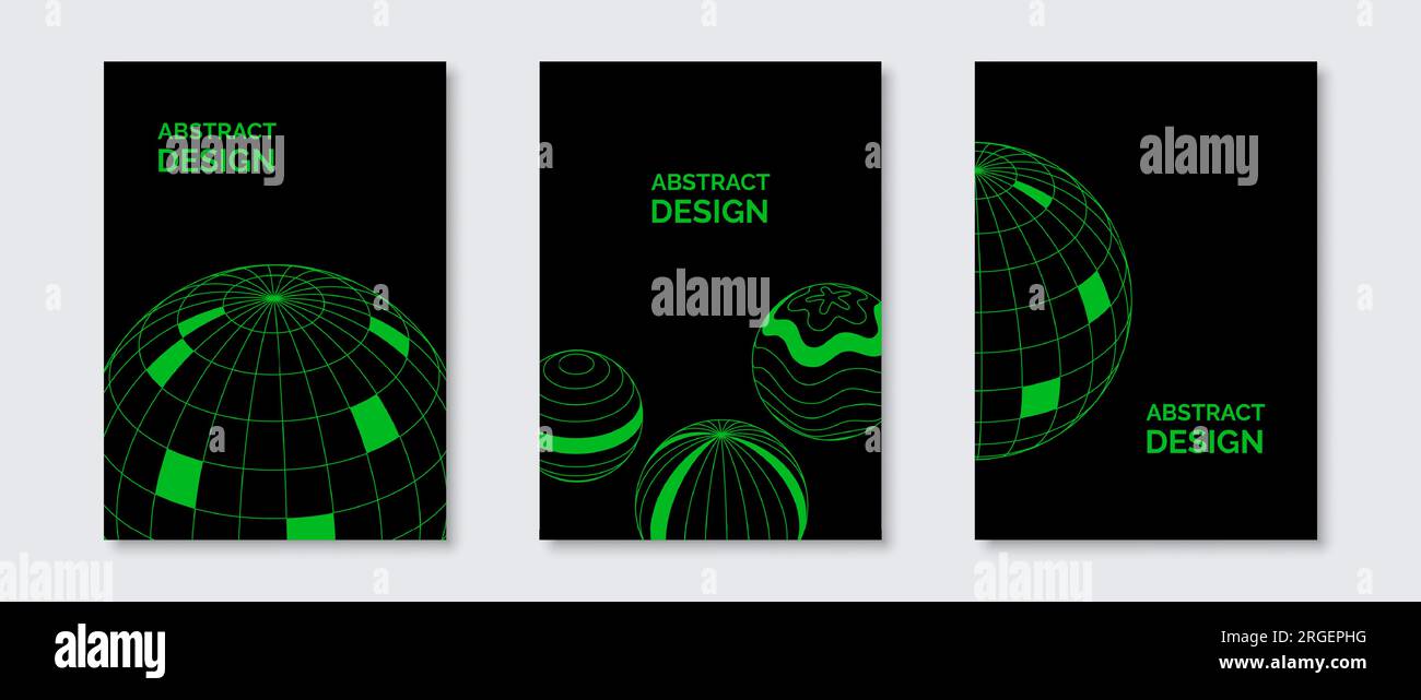 Conceptions d'affiches futuristes abstraites avec sphères filaires. Cercles de grille 3D avec différents motifs. Mise en page de modèle de globes néon vert pour flyer, présentation, bannière, couverture, arrière-plan. Jeu de vecteurs Illustration de Vecteur