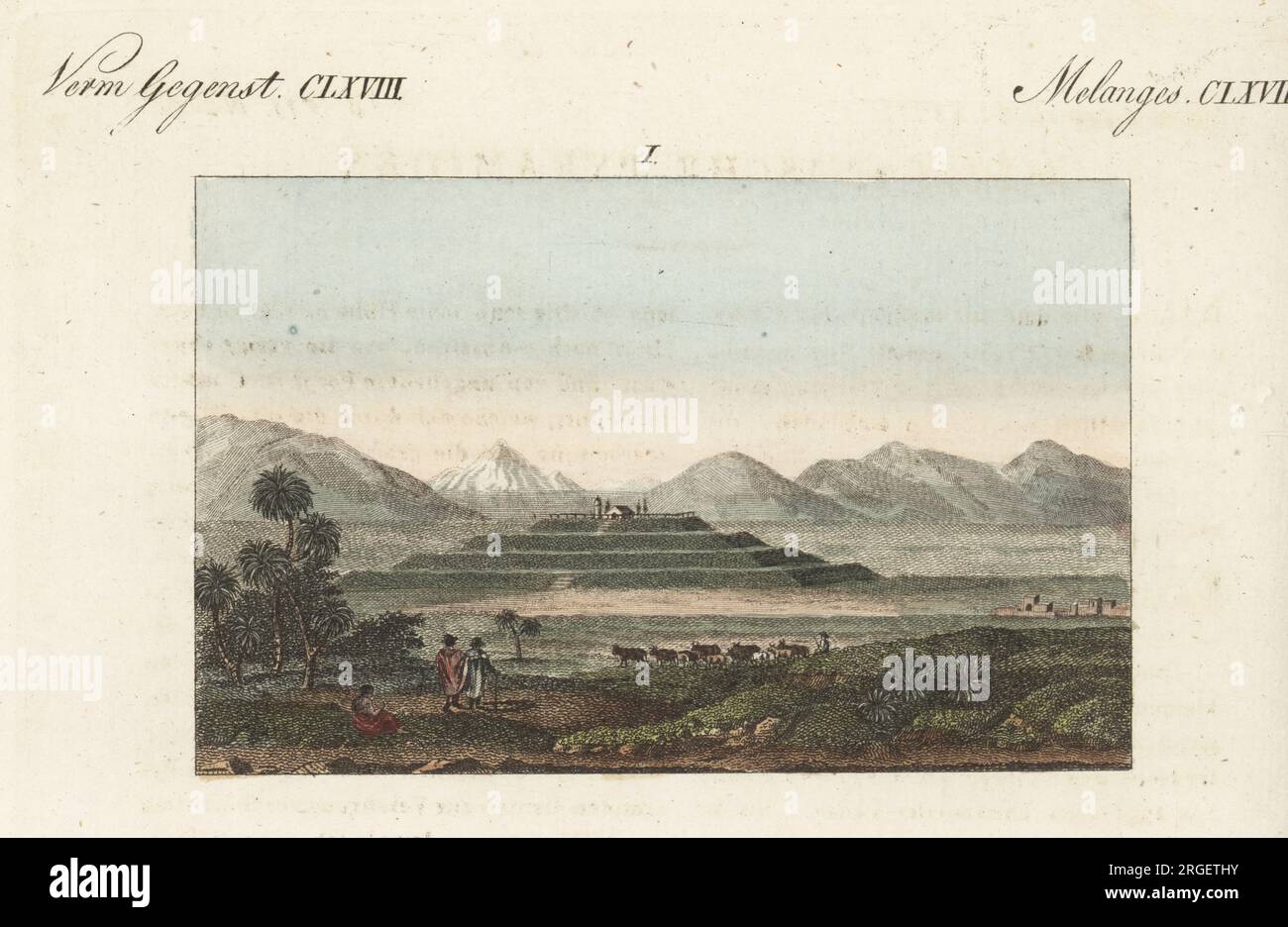 Grande pyramide de Cholula ou Tlachihualtepetli à Puebla, Mexique. Temple construit du 3e siècle avant JC au 9e siècle après JC a été dédié à Quetzalcoatl. Copie de vues des Codilleres d'Alexander von Humboldt, 1810. Gravure sur cuivre colorée à la main de Carl Bertuch's Bilderbuch fur Kinder (Livre d'images pour enfants), Weimar, 1812. Une encyclopédie pour enfants en 12 volumes illustrée de près de 1 200 planches gravées sur l'histoire naturelle, la science, le costume, la mythologie, etc., publié de 1790 à 1830. Banque D'Images
