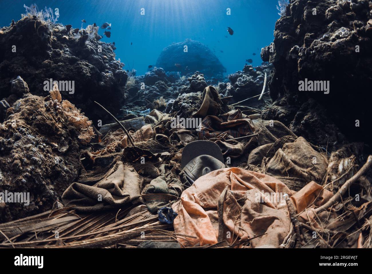 Scène sous-marine tranquille avec pollution et coraux. Mer tropicale avec eau bleue transparente Banque D'Images