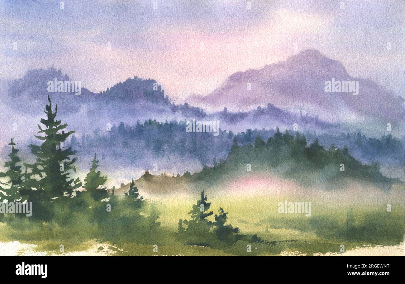 Illustration à l'aquarelle d'un paysage brumeux avec des sapins sombres, de l'herbe verte et des montagnes lointaines en arrière-plan sous un ciel de nuages. Banque D'Images