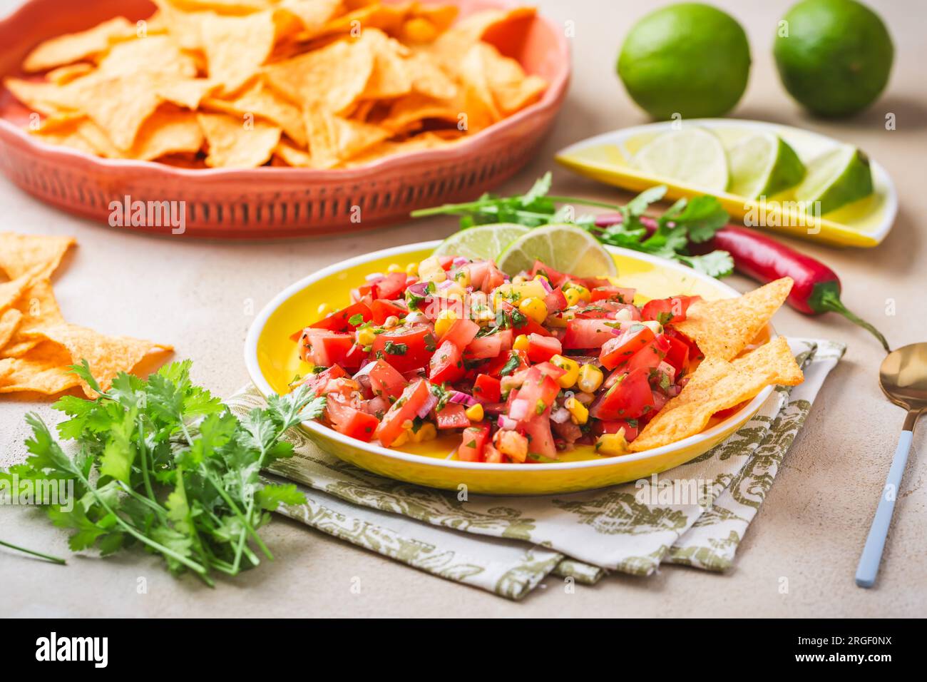 Sauce tomate Tex Mex Pico de Gallo ou salade avec chips de tortilla nacho. Banque D'Images