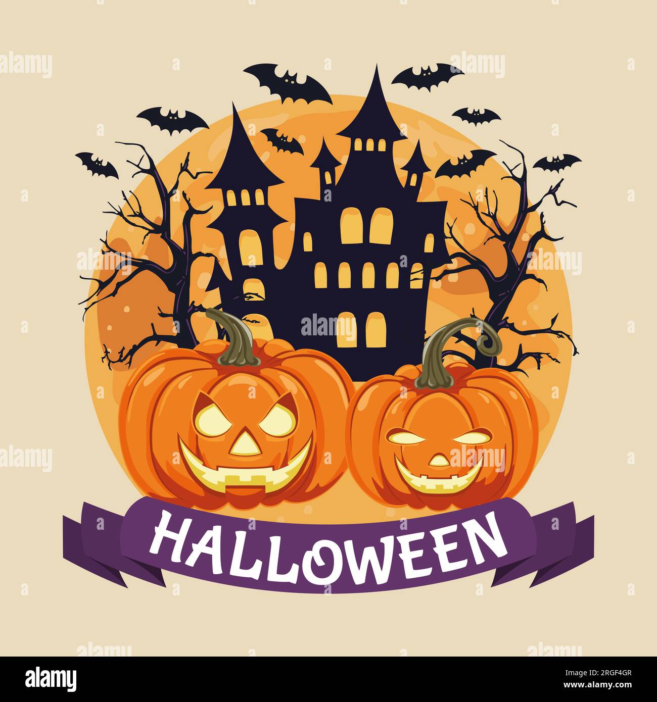 Deux citrouilles lanternes oranges d'Halloween sur le fond d'une maison hantée la nuit, une chauve-souris volante, une grande lune, des arbres magiques. Illustration vectorielle. Illustration de Vecteur