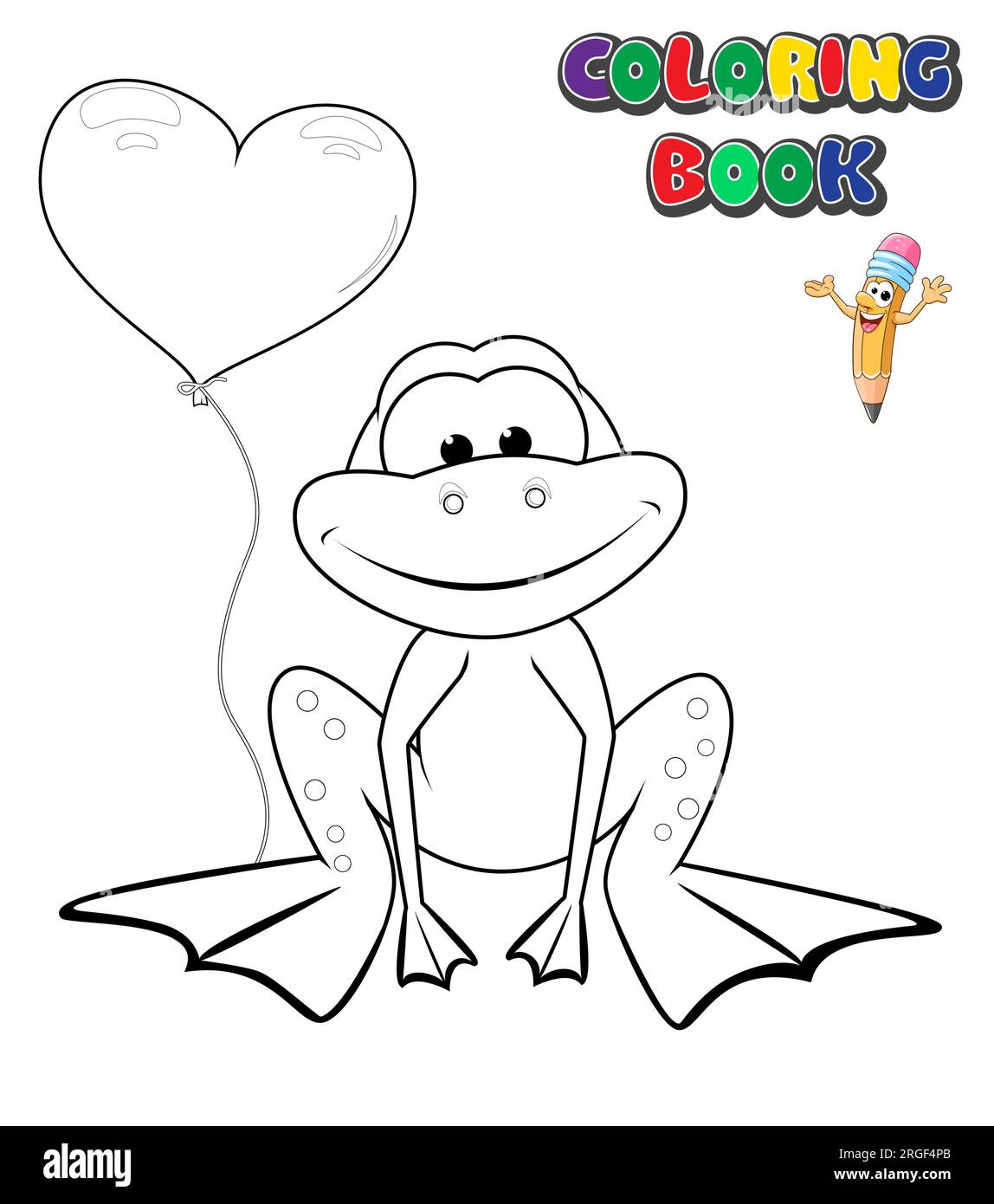 Une scène avec une grenouille et son ballon en forme de cœur. Une ligne noire sur fond blanc, un livre de coloriage pour les enfants. Illustration de Vecteur