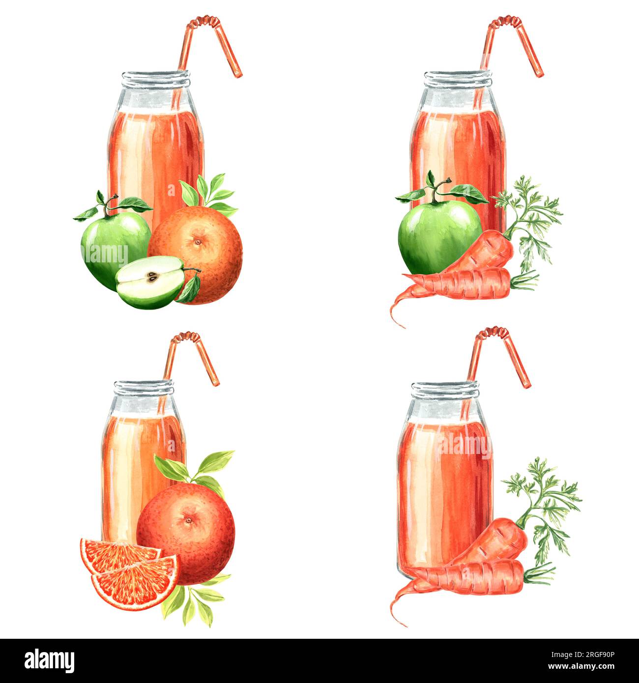 Clip art de bouteille d'orange, carotte, orange et pomme. Illustration aquarelle JPEG pour la conception, tissus, papier d'emballage, papier peint, couvertures, Banque D'Images