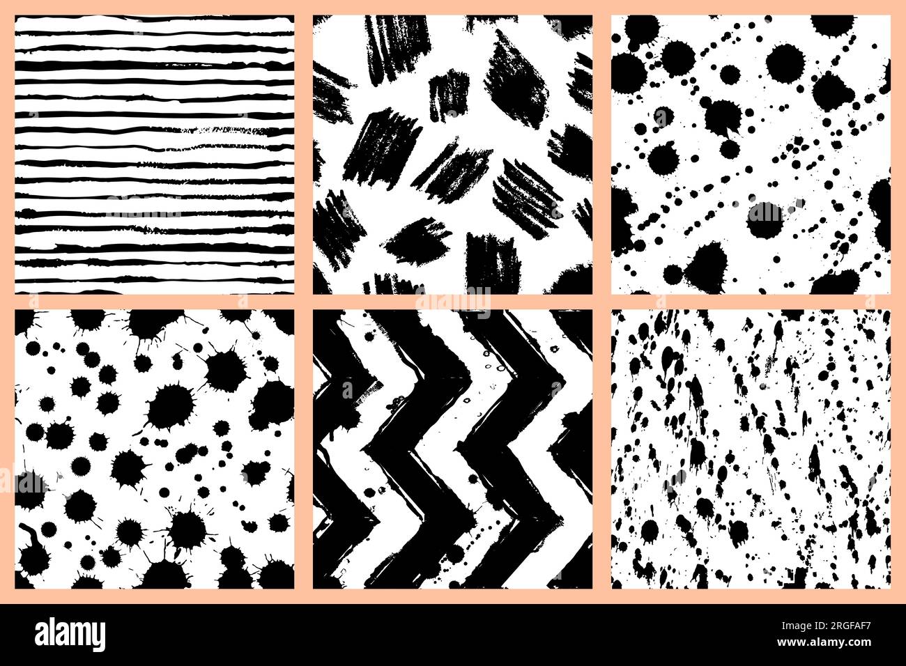 Ensemble de motif sans couture de vecteur aquarelle abstrait. Zigzag, rayures, blots, taches impression textile de mode dans des couleurs noir blanc. Texture grunge d'encre d'art Illustration de Vecteur
