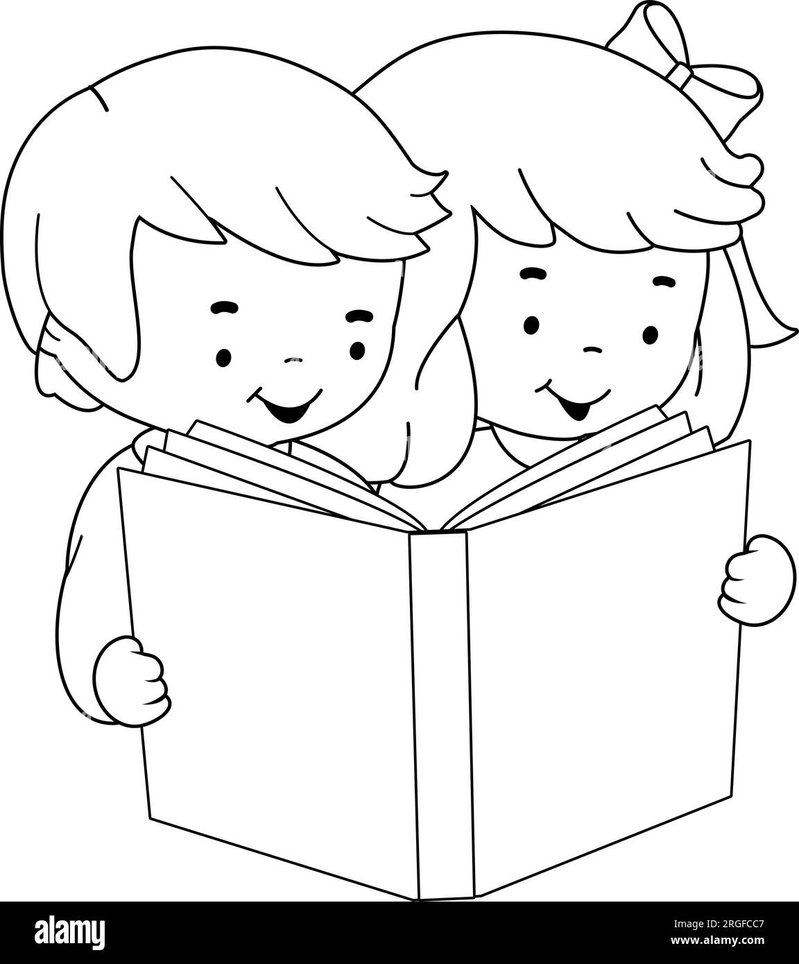 Les enfants lisant un livre. Page de coloriage en noir et blanc vectoriel. Illustration de Vecteur
