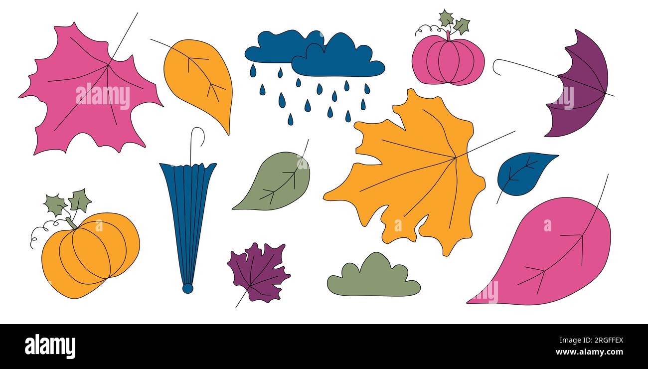 Ensemble d'éléments d'automne. Collection météo saisonnière Vecor pour le design. Dessin à la main avec des feuilles, citrouille, parapluie, feuille d'érable, pluie, cloud. Jeu d'icônes Illustration de Vecteur