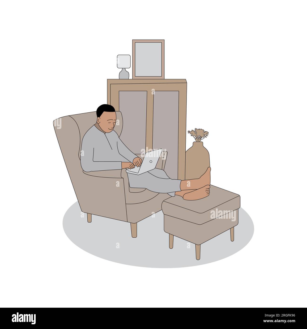 Homme assis sur le canapé à la maison à l'aide d'un ordinateur portable, dessin de ligne de coloriage minimal illustration Illustration de Vecteur
