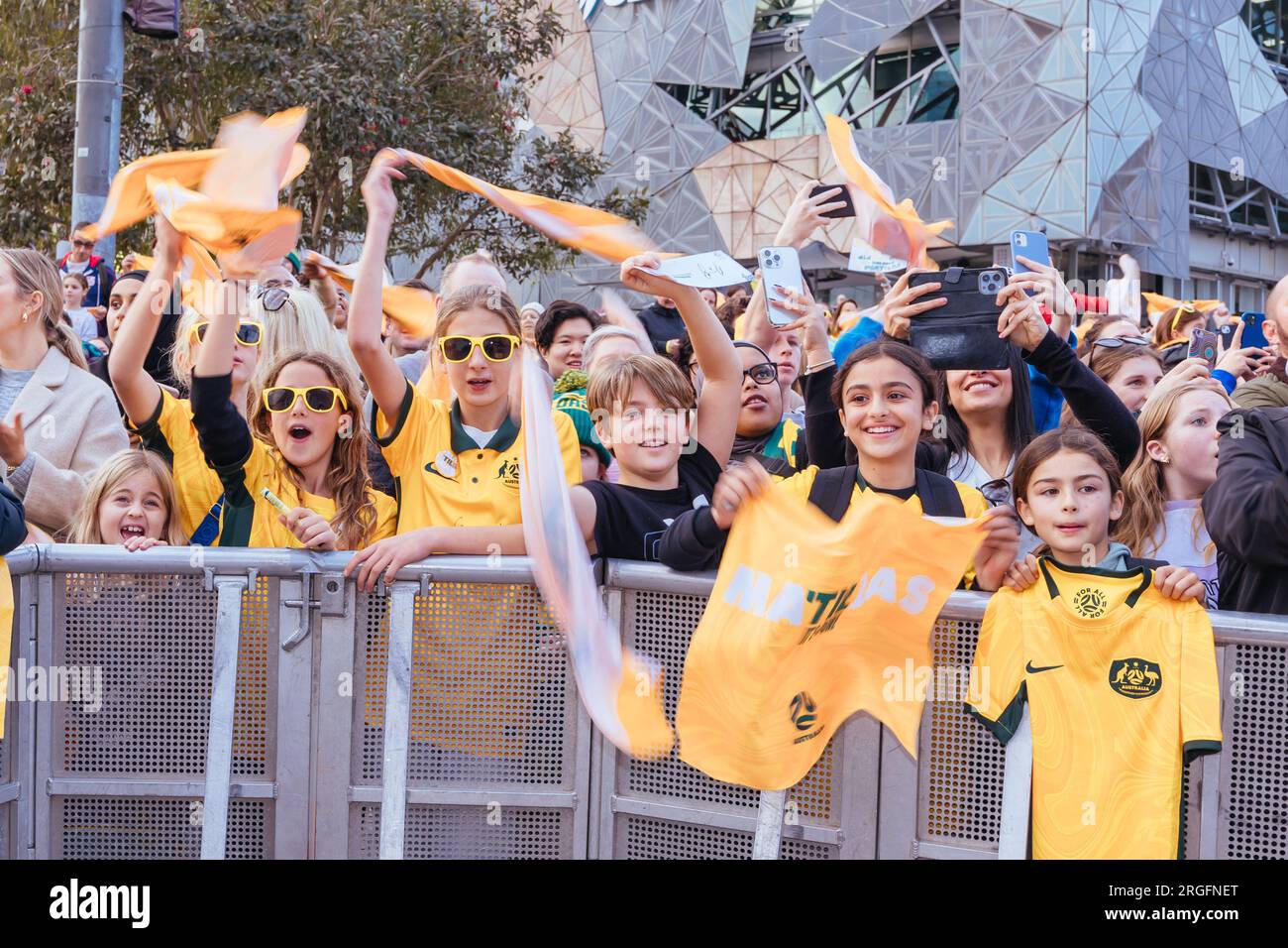 MELBOURNE, AUSTRALIE - JUILLET 11 : annonce et présentation de supporters à la coupe du monde féminine Matildas de Commbank australienne à Federation Square on Banque D'Images