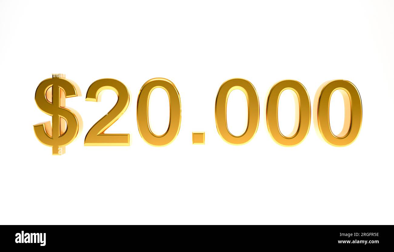 20 mille ou vingt mille dollars avec texture or et symbole de numéro 3D. Banque D'Images