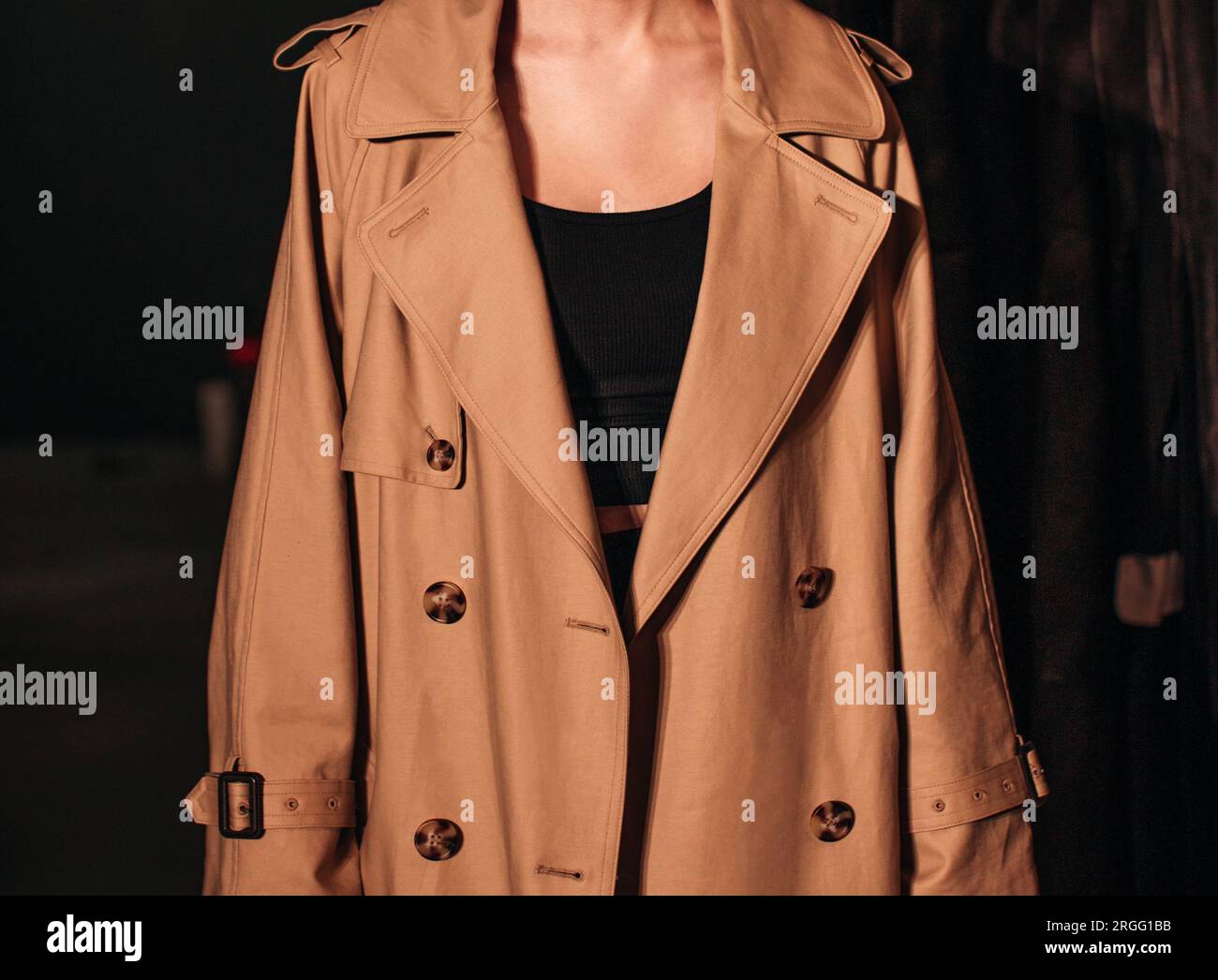 Jeune modèle de mode avec tête courte dans l'élégant manteau brun automnal. Portrait d'intérieur. Concept de vêtements chauds d'hiver Banque D'Images