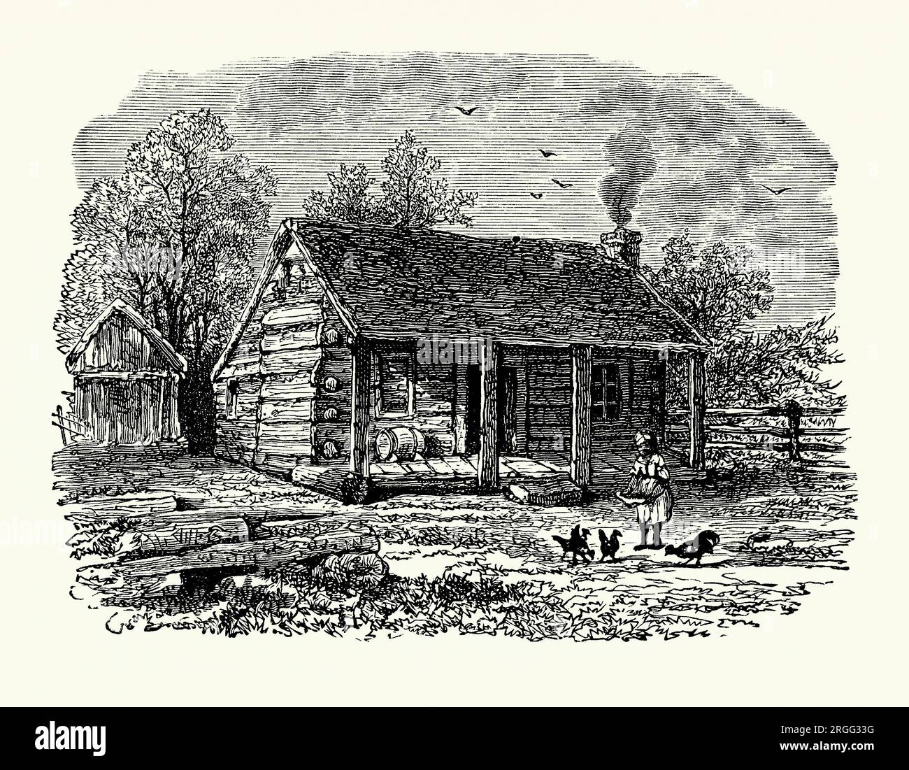 Une ancienne gravure de la cabane en rondins, la maison d'Abraham Lincoln de l'âge de sept (1816) jusqu'à ses 12 ans, Gentryville, Indiana du sud, USA au début des années 1800 Il est tiré d'un livre d'histoire américain de 1895. L'Indiana était un territoire «libre» (non esclavagiste) et la famille s'est installée dans une zone forestière. Abraham Lincoln (1809-1865) était un avocat, homme politique et homme d'État américain qui a été le 16e président des États-Unis de 1861 jusqu'à son assassinat en 1865. Lincoln mène l'Union pendant la guerre de Sécession. Banque D'Images