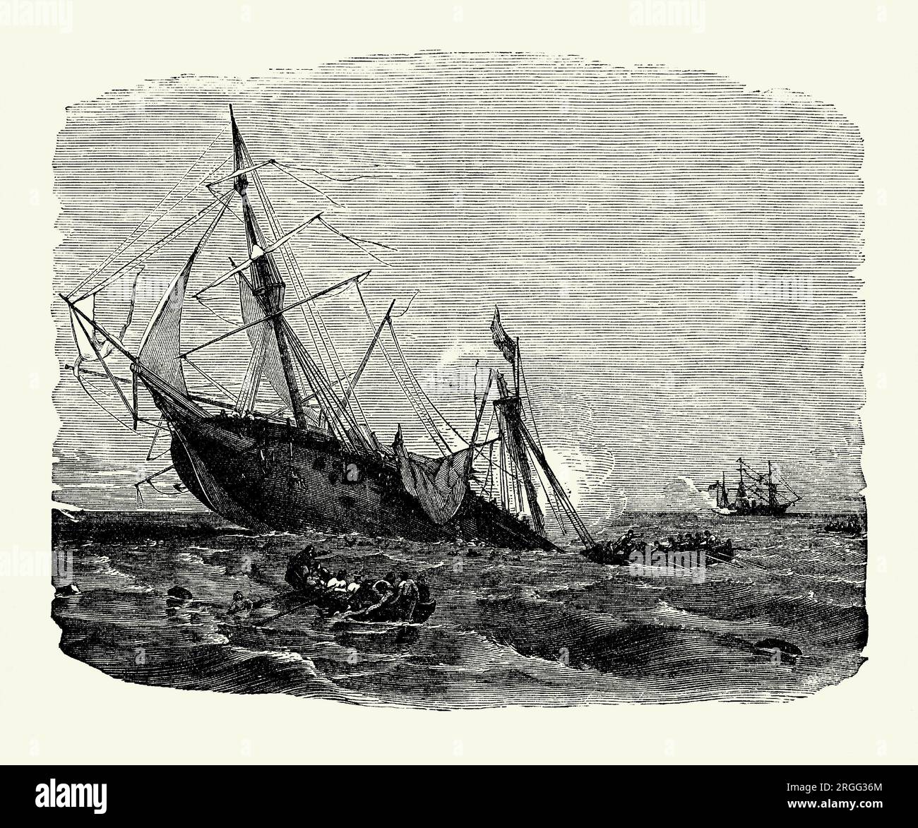 Une ancienne gravure du naufrage du CSS Alabama, en juin 1864 par l'USS Kearsarge à la bataille de Cherbourg en dehors du port de Cherbourg, en France, pendant la guerre de Sécession. Il est tiré d'un livre d'histoire américain de 1895. L'Alabama est un sloop de guerre à vis construit en 1862 pour la marine des États confédérés. Il a été construit à Birkenhead, en Angleterre par John Laird Sons and Company sous le nom de « navire numéro 0290 ». Elle a été lancée sous le nom d’«Enrica» et s’est secrètement échappée le 29 juillet 1862. L'Alabama sert de raider commercial à succès, attaquant le transport maritime de l'Union au cours de sa carrière de deux ans jusqu'à ce qu'il soit coulé. Banque D'Images