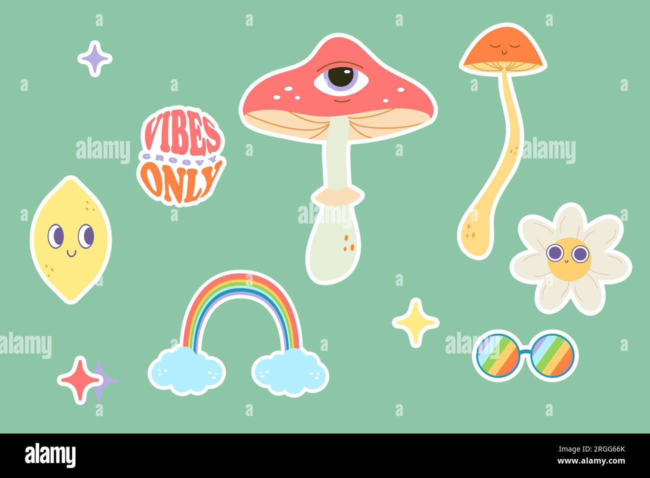 ensemble d'autocollants groovy clip art. Illustration vectorielle à plat sur fond isolé blanc Illustration de Vecteur