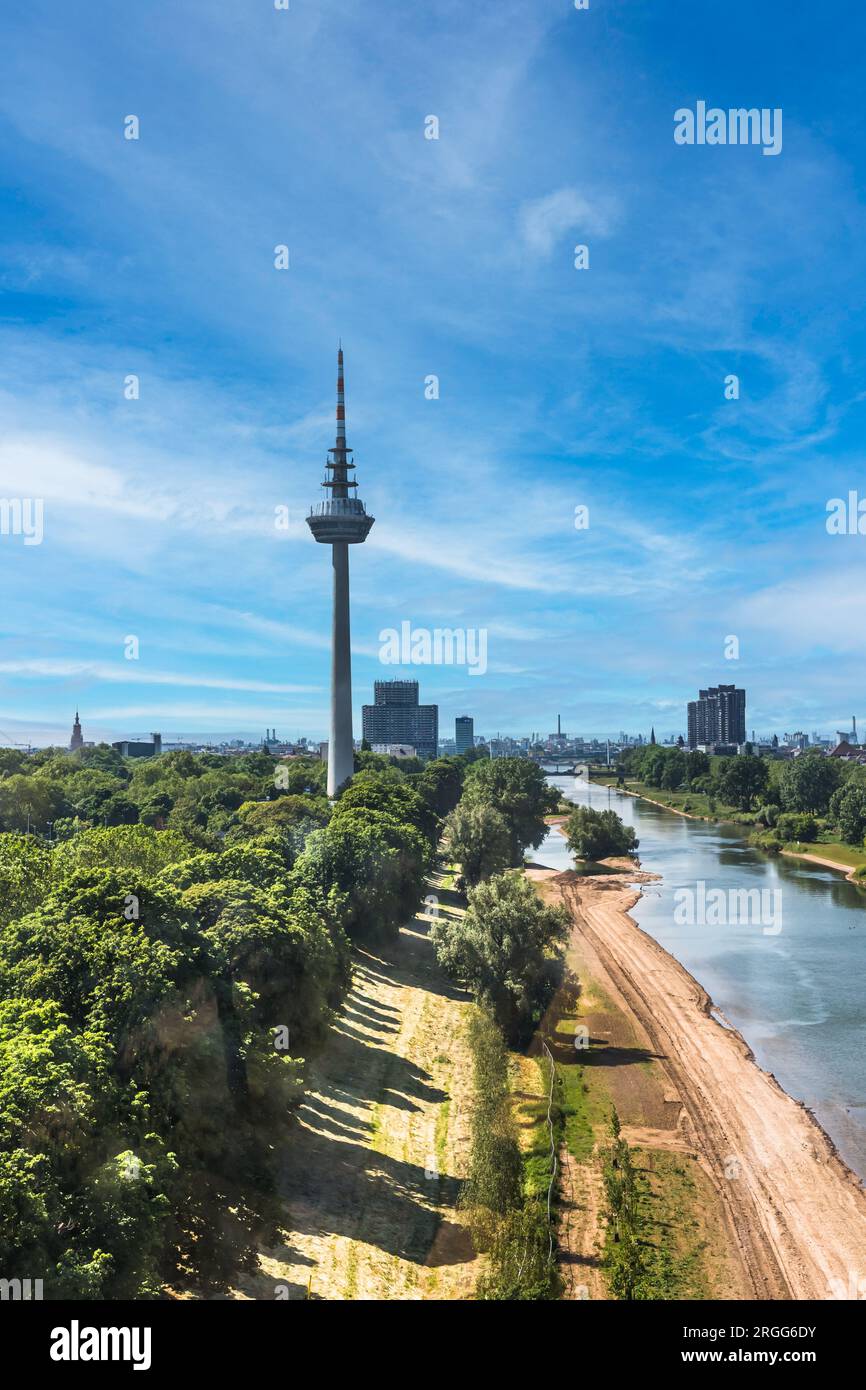 Vue sur le Fernmeldeturm et la rivière Neckar à Mannheim, Allemagne. Télévision télévision Tour de télécommunication. Vertical avec espace de copie. Banque D'Images