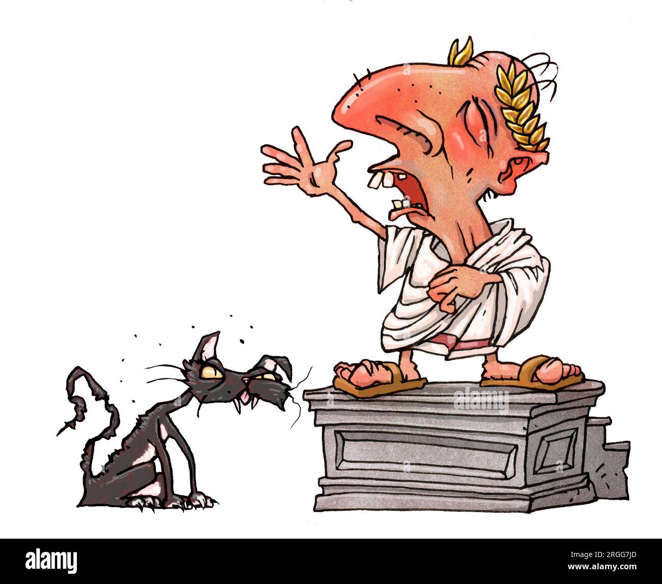 Illustration drôle de dessin animé d'orateur romain portant la couronne de Laurier étant regardé par le chat non impressionné, Rome, César, concept art, oration, prise de parole Banque D'Images