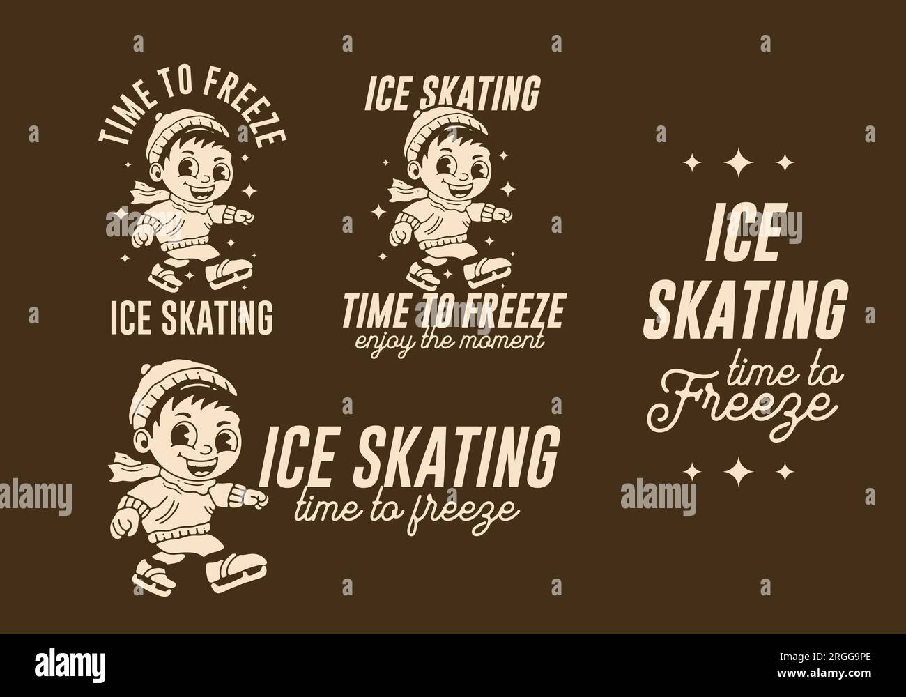 Patinage sur glace le temps de geler, illustration de personnage mascotte d'un petit garçon jouant du patin à glace, dans un style vintage Illustration de Vecteur