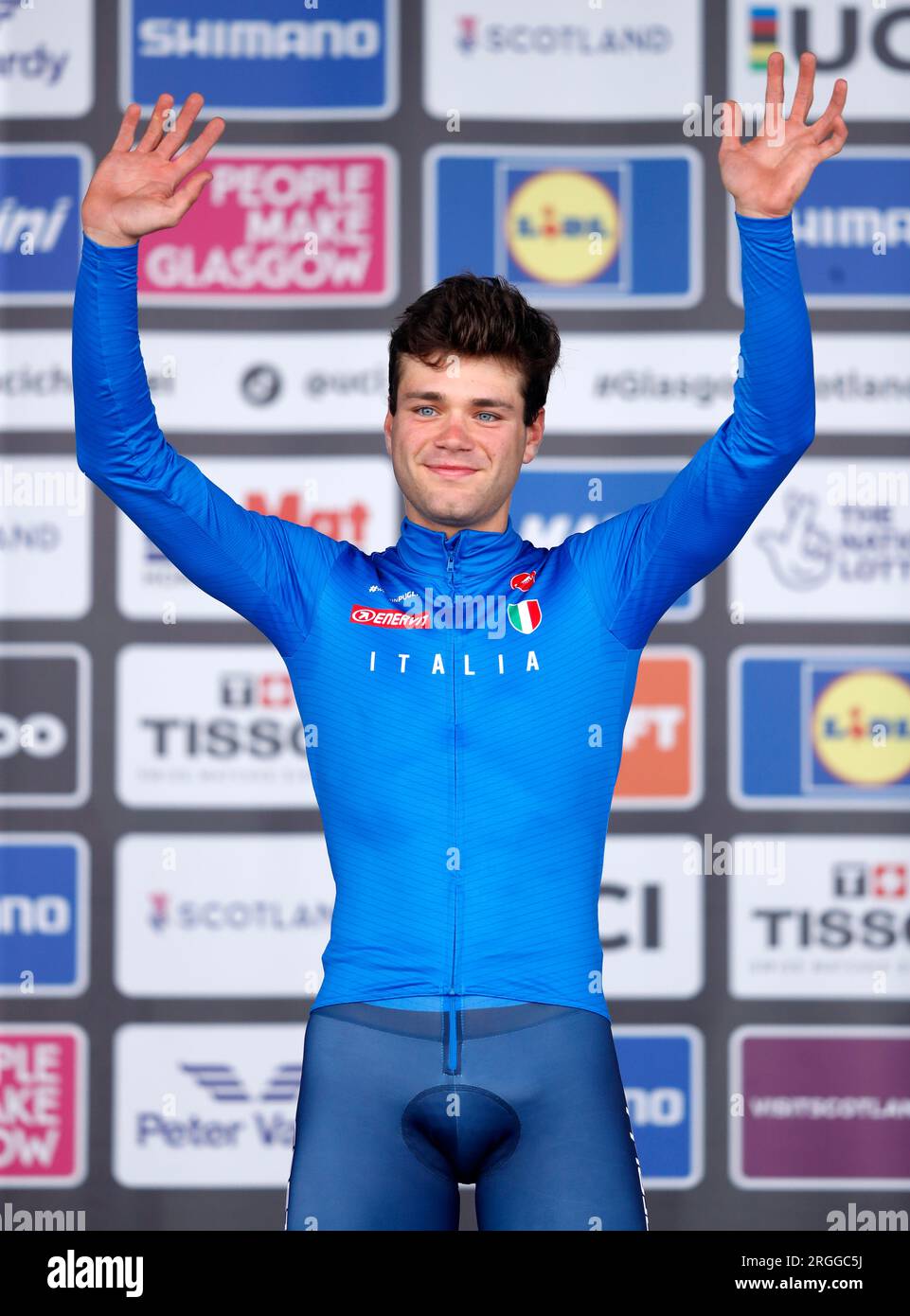 L’Italien Lorenzo Milesi après avoir remporté la course individuelle contre la montre hommes de moins de 23 ans le septième jour des Championnats du monde de cyclisme UCI 2023 à Stirling. Date de la photo : mercredi 9 août 2023. Banque D'Images