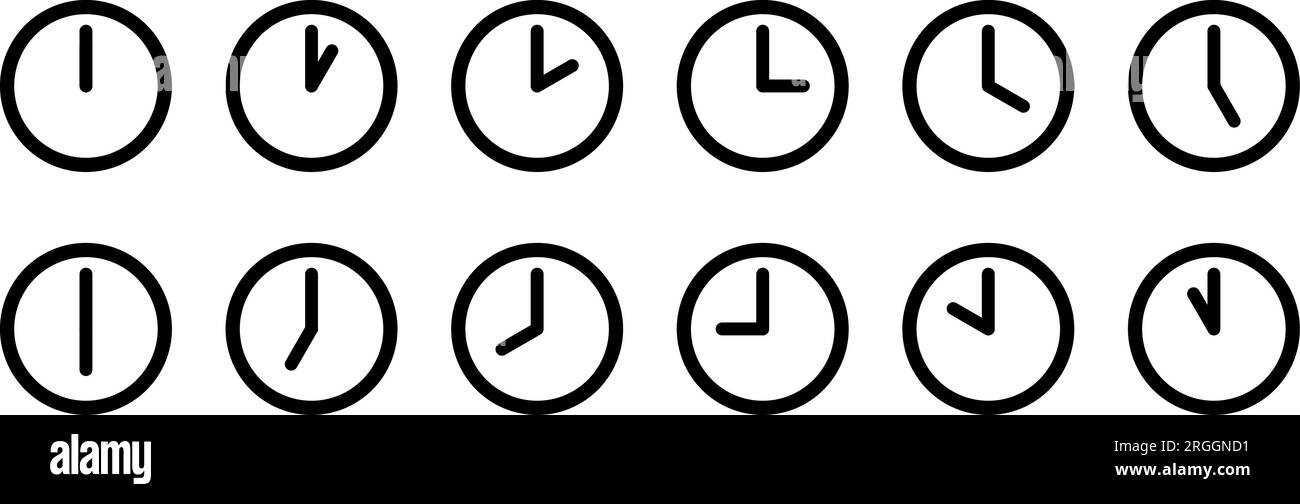 Symbole d'horloge analogique minimaliste simple jeu d'icônes affichant toutes les heures. Image vectorielle. Illustration de Vecteur