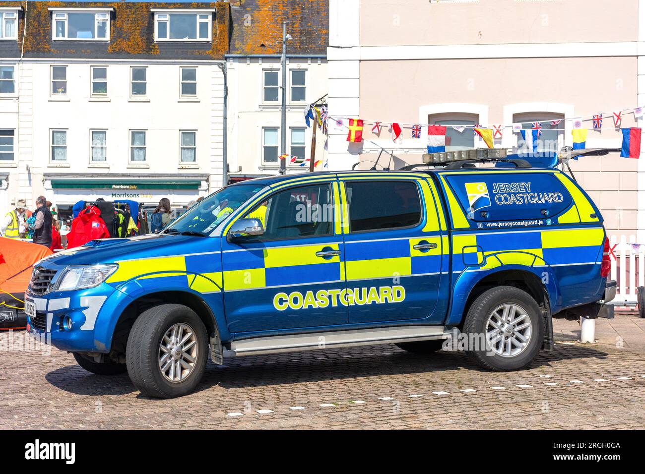 Jersey Coastguard véhicule, la Neuve route, St Aubin, St Brelade Parish, Jersey, îles Anglo-Normandes Banque D'Images Jersey Coastguard véhicule, la Neuve route, St Aubin, St Brelade Parish, Jersey, îles Anglo-Normandes Banque D'Images