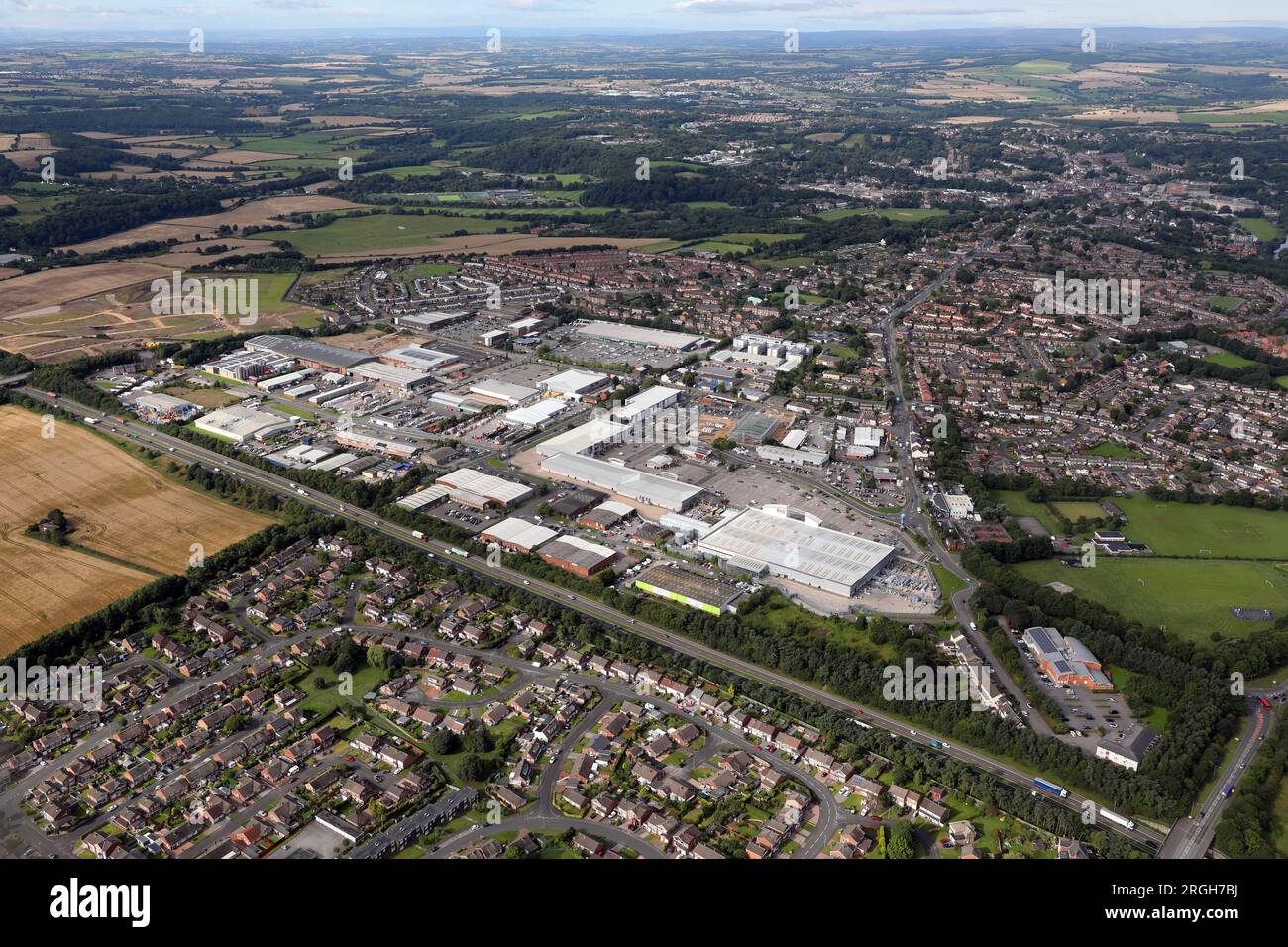 Vue aérienne de la zone industrielle Dragon ville et du parc commercial Durham City Banque D'Images