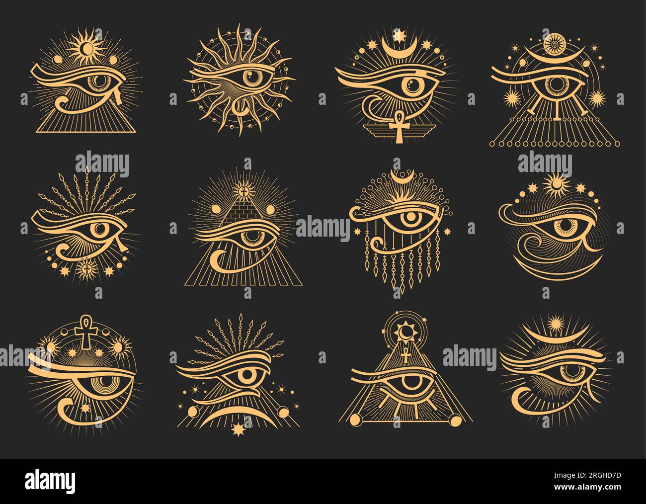 Oeil Horus. Symboles magiques occulte et ésotériques égyptiens. Symbole d'astrologie d'oeil d'Horus, signes rituels de sorcellerie ensemble. dieu égyptien tous voyant oeil occulte ou alchimie vecteur sceau avec ankh, pyramide et lune Illustration de Vecteur