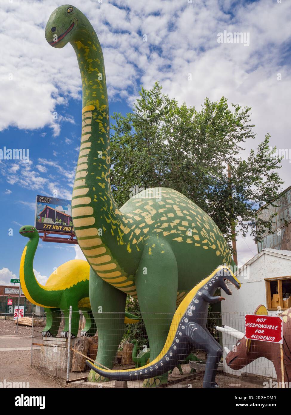 Le célèbre Rainbow Rock Shop, fermé mais non abandonné, à Holbrook, AZ, abrite plusieurs dinosaures. Banque D'Images