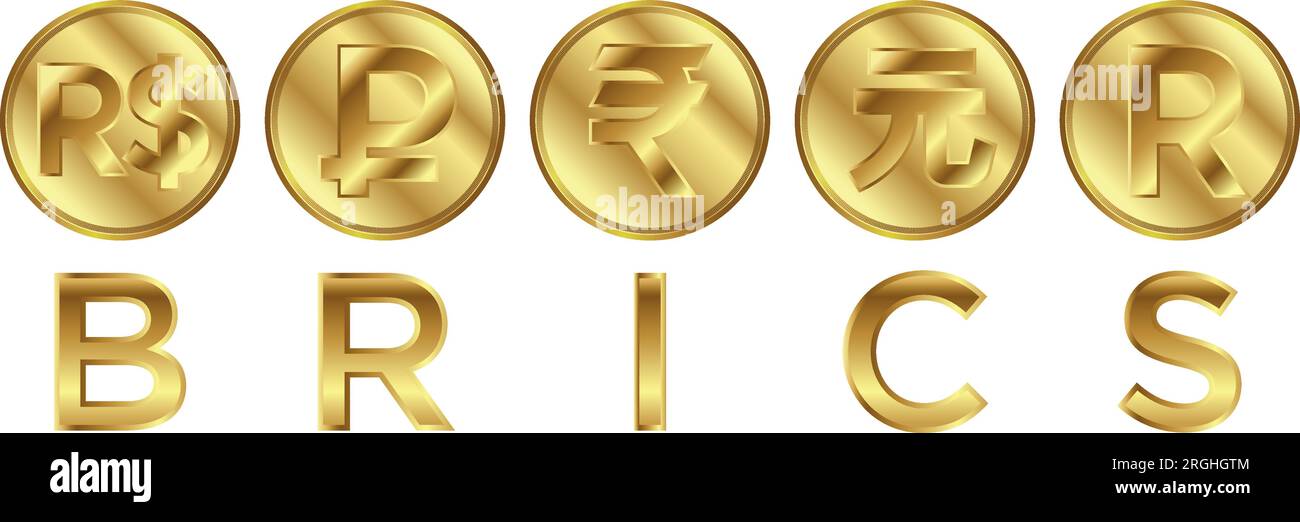 Symbole du projet de monnaie BRICS, pièces avec symboles de monnaies nationales, année 2023, illustration vectorielle Illustration de Vecteur