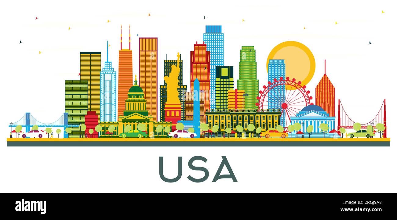 USA Skyline avec des gratte-ciel de couleur et des monuments isolés sur blanc. Illustration vectorielle. Voyage d'affaires et concept de tourisme avec architecture moderne. Illustration de Vecteur