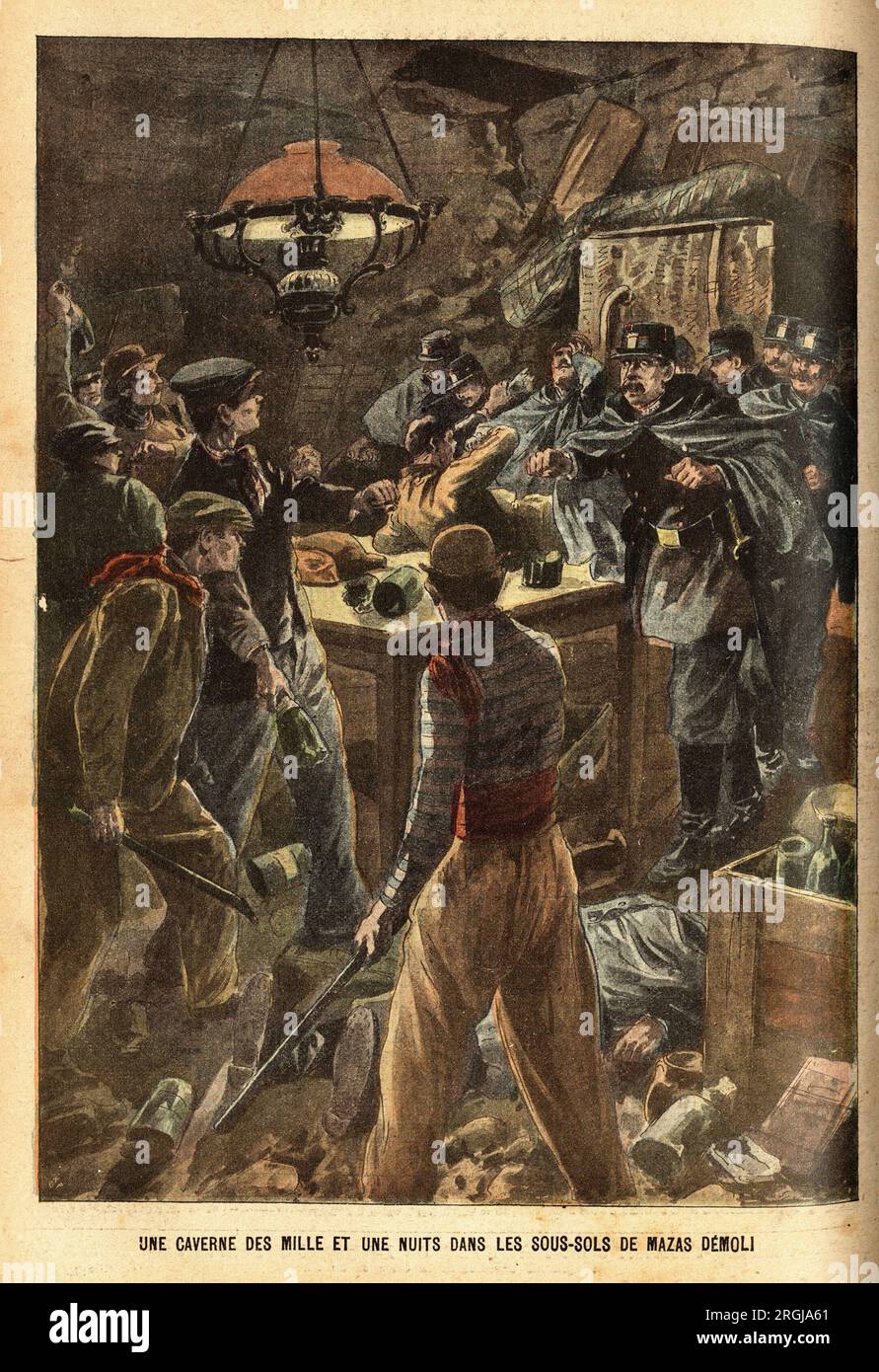 Les forces de police découvent en poursuivant deux voleurs, avenue Daumesnil, a Paris, la cachette d'une bande de malfaits, dans une des grottes de l'ancienne prison Mazas demolie, ou ils engagent leur butin et se cachent depuis plusieurs mois. Gravure dans 'le pelerin' 14041901. Banque D'Images