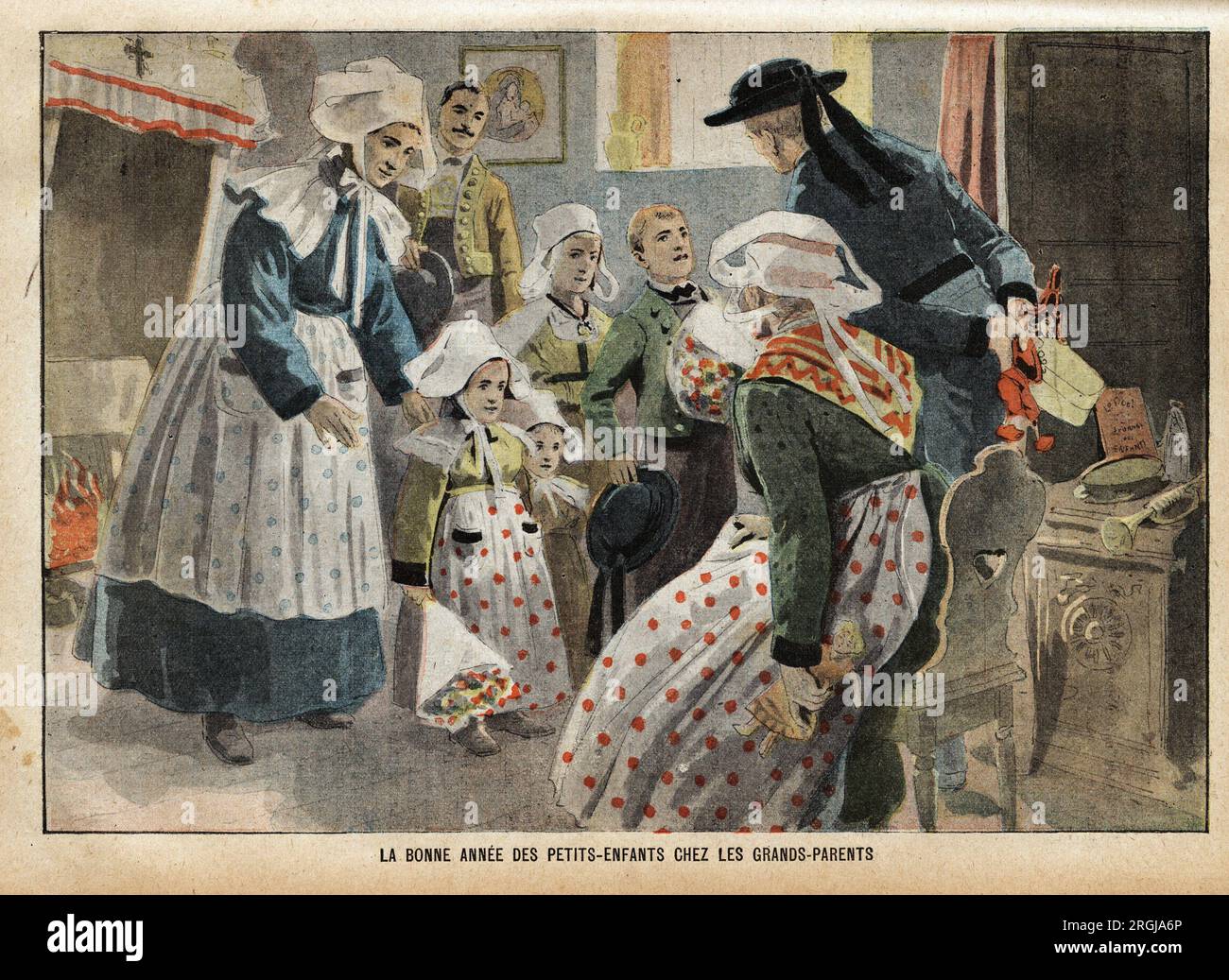 Les etrennes du nouvel an en Bretagne, les petits enfants vetus de leur costume traditionnel et accompagnateurs par leurs parents, presentent leurs voeux a leurs grands parents qui cachent dans leur dos des poupees, pantins et répliques d'instruments de musique qu'ils ont offrir aux enfants. Gravure dans 'le pelerin' 30121900. Banque D'Images