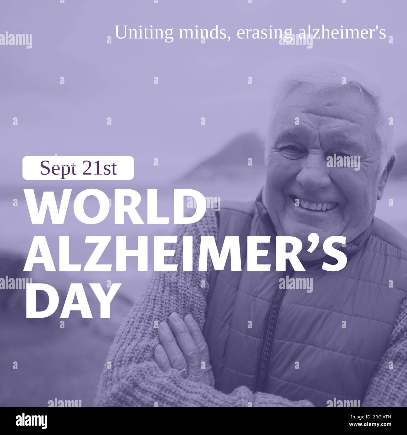 Composite d'un texte de la journée mondiale de la maladie d'alzheimer sur un homme caucasien âgé heureux en bord de mer Banque D'Images