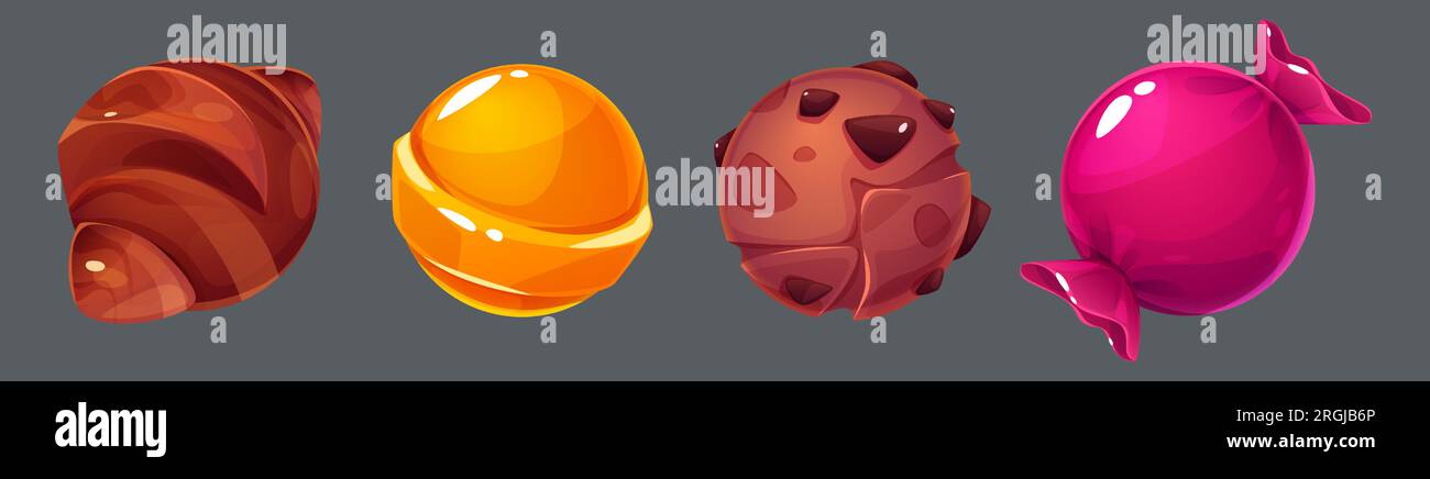 Ensemble de dessins animés de planètes douces isolées sur fond. Illustration vectorielle de croissant sucré, chocolat, caramel enveloppé, sucette, gâteaux de boule de cookie. Des éléments fantaisie et décortiqués. Dessert de fête Illustration de Vecteur