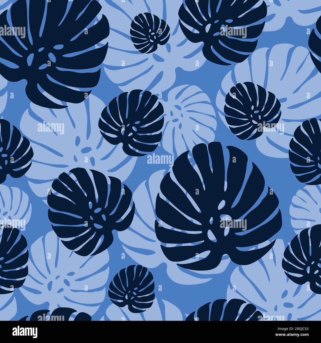 Motif sans couture bleu cobalt avec des feuilles de monstera tropicales. Illustration de Vecteur