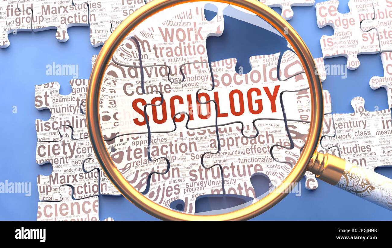 La sociologie étant examinée de près avec de multiples concepts et idées directement liés à la sociologie. De nombreuses parties d'un puzzle formant un, connecté W Banque D'Images