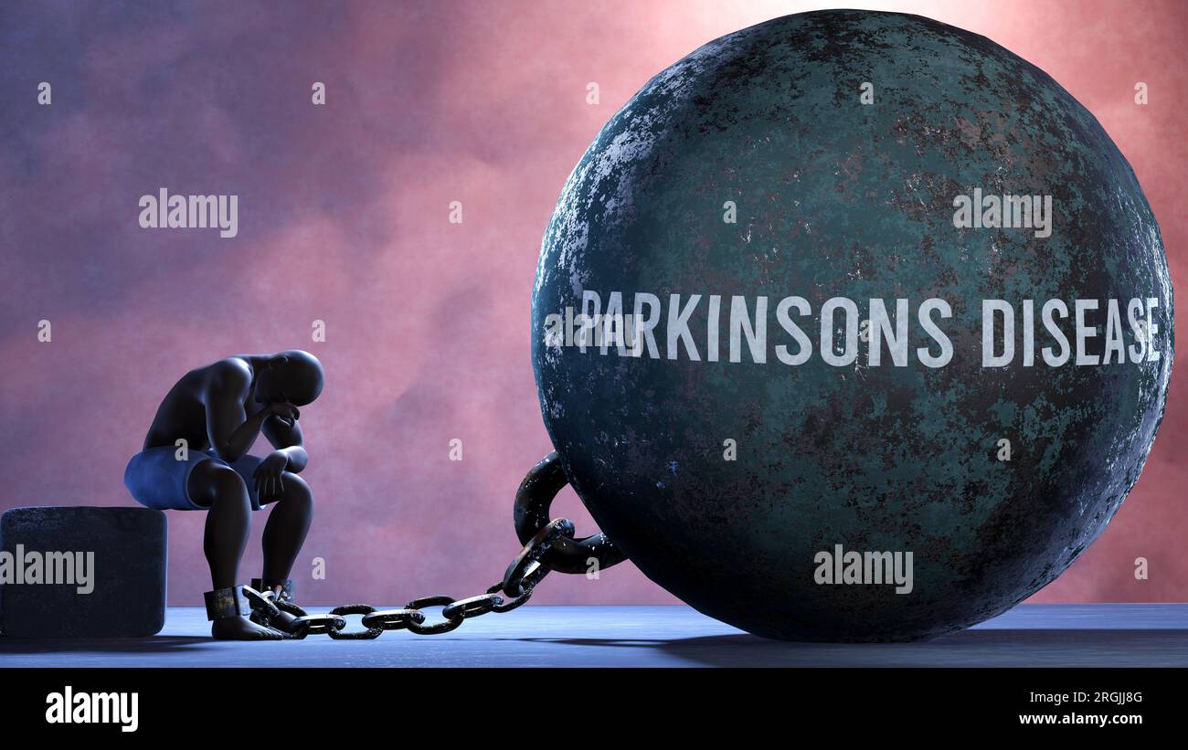 Maladie de Parkinsons - métaphore montrant la lutte humaine contre la maladie de Parkinsons. Personne résignée et épuisée enchaînée à la maladie de Parkinsons. Déprimé Banque D'Images